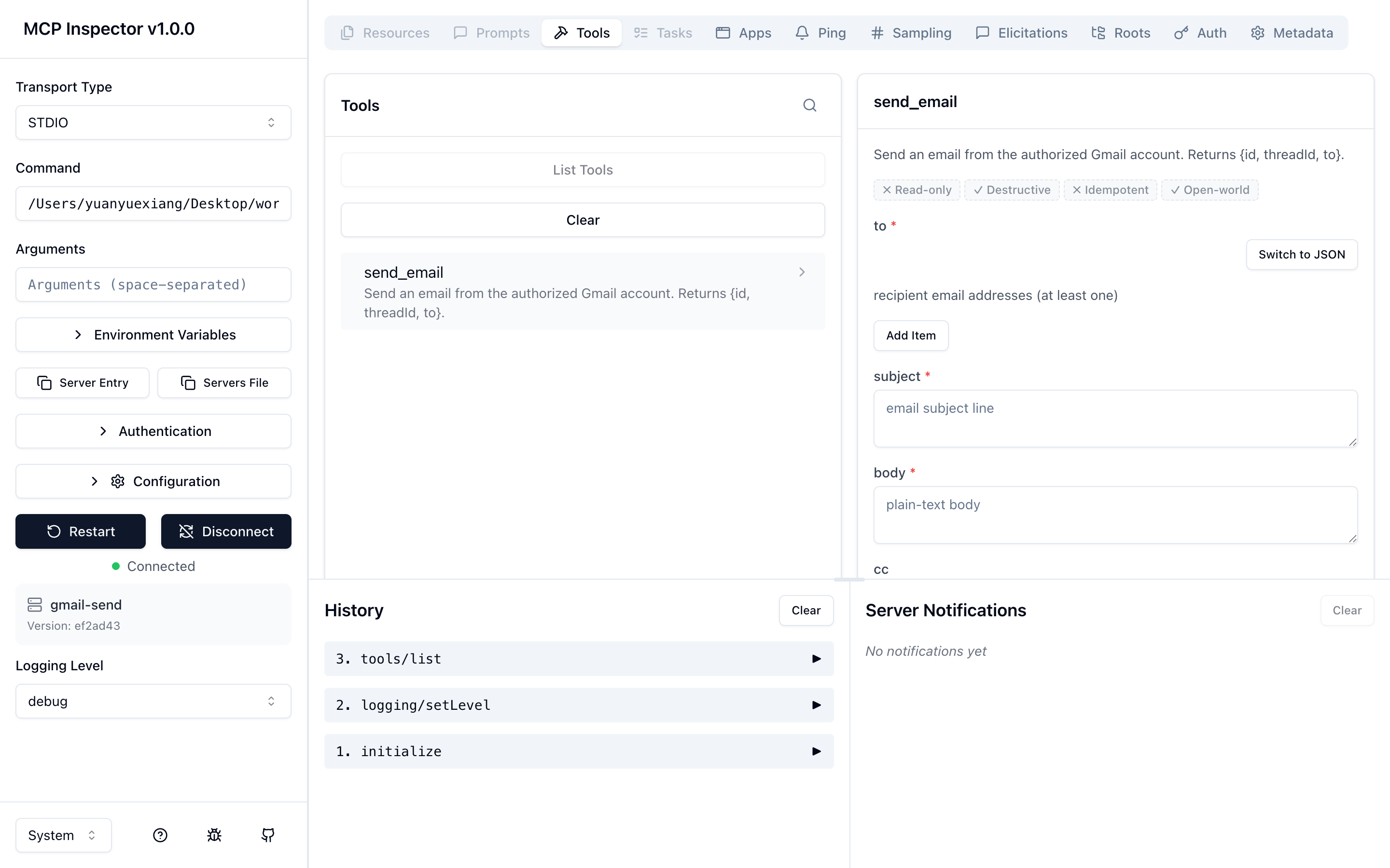 MCP Inspector connected to a Go Gmail-send MCP server — tool schema and protocol calls